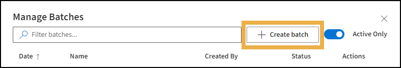 Batches window with a yellow highlight box around the +Create Batch button